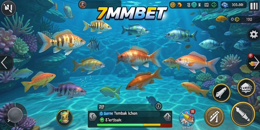Screenshot utama 7MMBET menampilkan aksi seru menembak ikan.