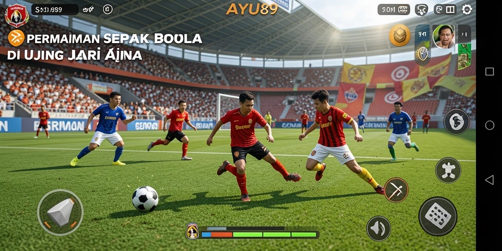 Screenshot AYU89 menampilkan aksi seru di lapangan sepak bola.