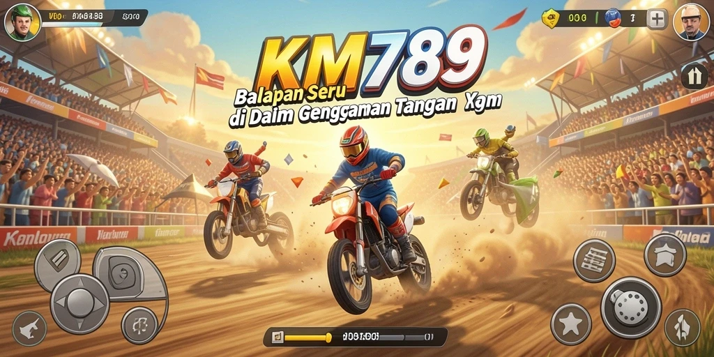 Screenshot KM789 yang menampilkan aksi balapan seru di trek yang menantang.
