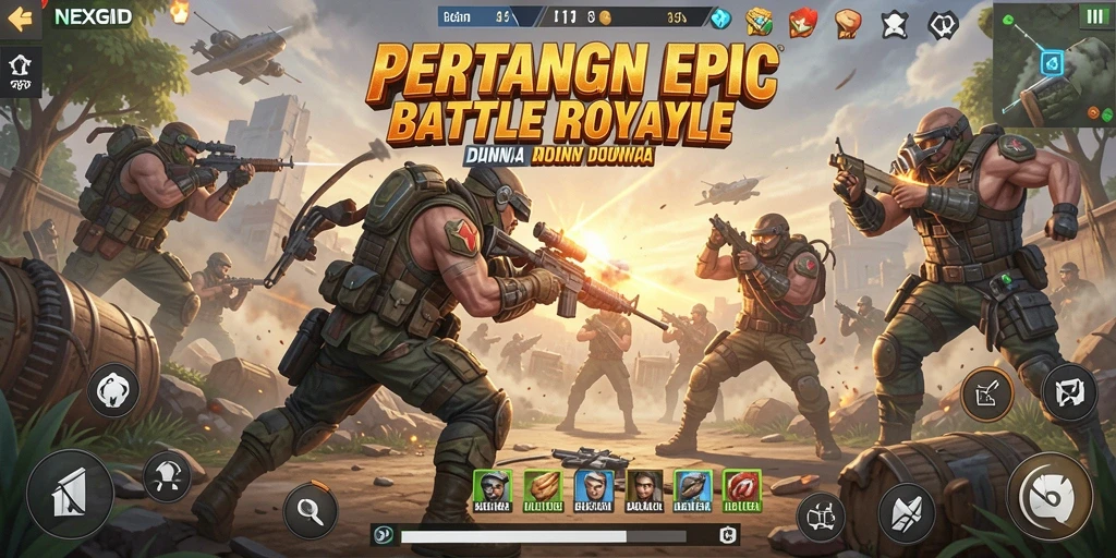 Gameplay intens di NEXGID menunjukkan pertarungan Battle Royale.