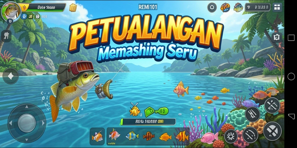 Screenshot REMI101 menunjukkan pemain menangkap ikan besar di laut.