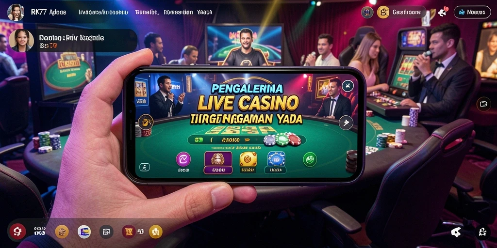 Screenshot RK77 menampilkan dealer profesional dalam permainan Live Casino yang seru.