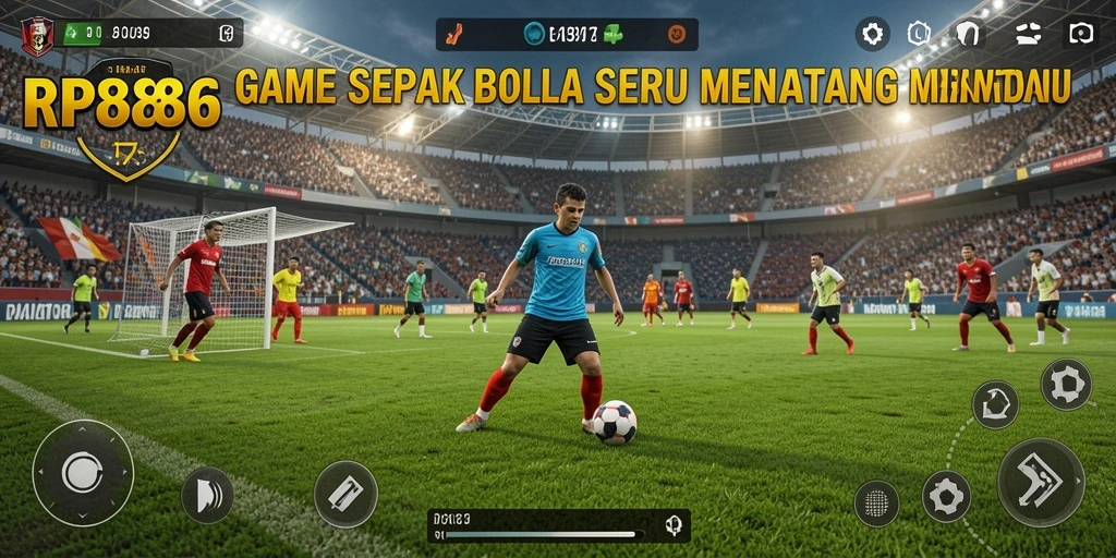 Menggambarkan aksi seru dalam gameplay sepak bola RP886.